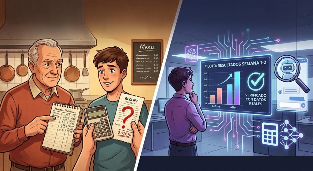 Comparativa visual entre la contabilidad tradicional en papel y una pantalla digital con métricas de un proyecto piloto verificado con IA