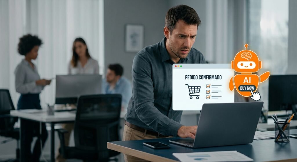 Un hombre frente a su ordenador observando un aviso de pedido confirmado junto al icono de un agente de inteligencia artificial