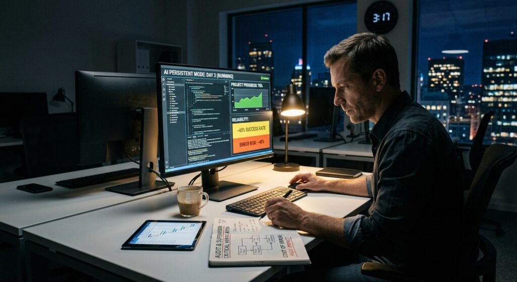 Programador en una oficina de noche analizando un monitor con un panel de supervisión de inteligencia artificial persistente