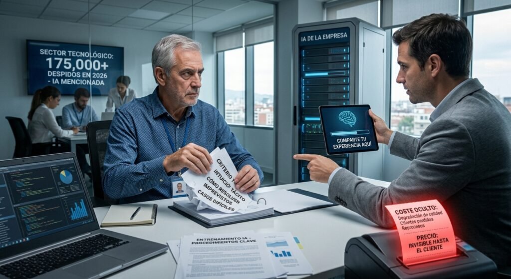 Reunión de negocios en una oficina analizando un ticket rojo con costes ocultos de automatización y entrenamiento de IA