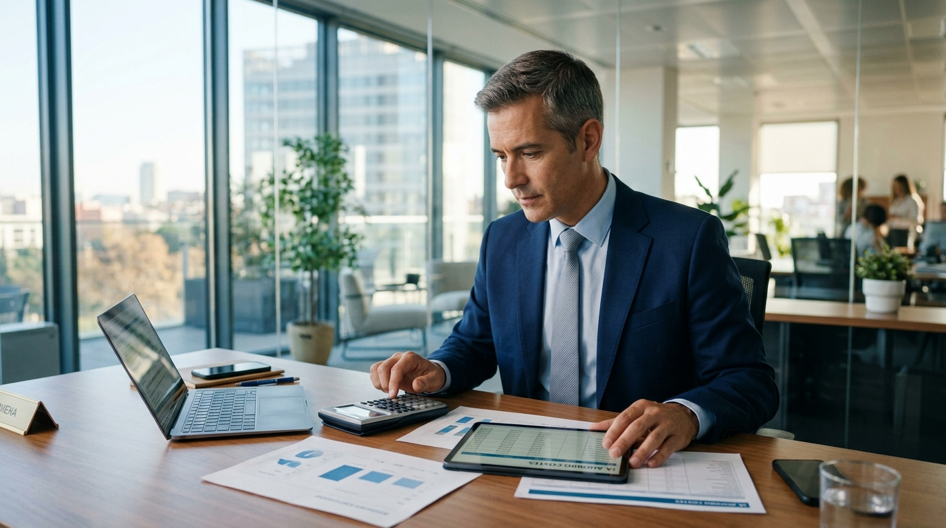 Directivo en oficina moderna usando una calculadora sobre un escritorio con portátil, tablet e informes financieros para calcular el ahorro de costes por IA