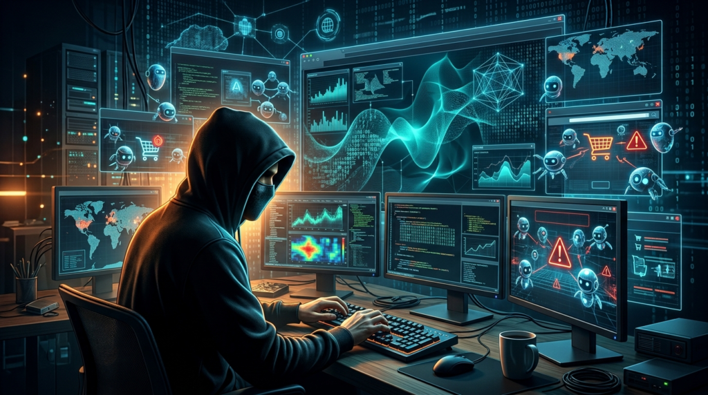 Hacker con capucha frente a varias pantallas en un entorno cibernético, administrando agentes de inteligencia artificial que atacan interfaces de tiendas de comercio electrónico.