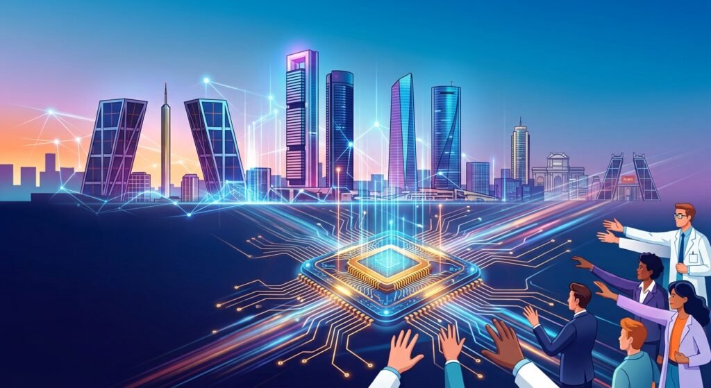 Ilustración del skyline de Madrid sobre un circuito integrado y un procesador brillante rodeado de profesionales de la tecnología y la salud