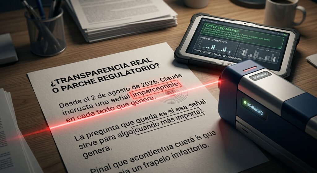 Documento impreso con un escáner e información sobre marcas de agua invisibles y señales imperceptibles en textos generados por IA