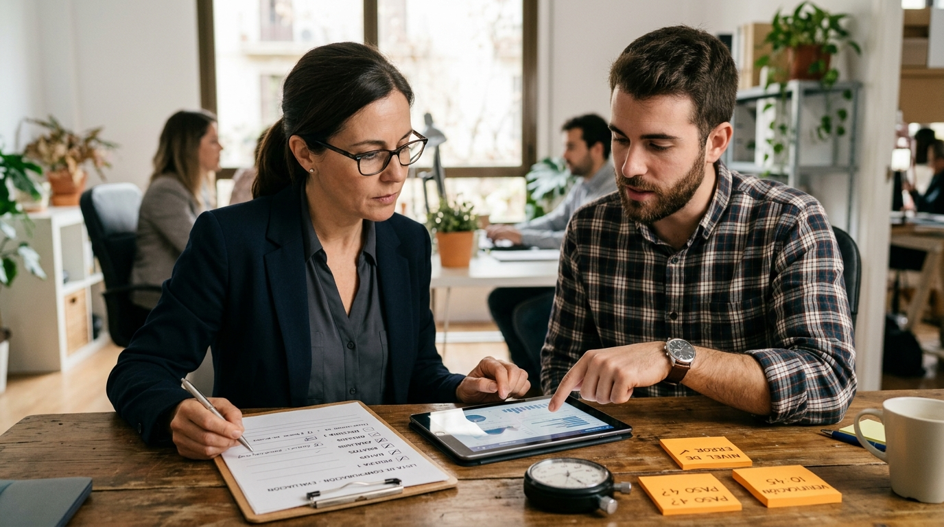 Directiva evaluando una herramienta de IA con una lista de comprobación antes de decidir su compra