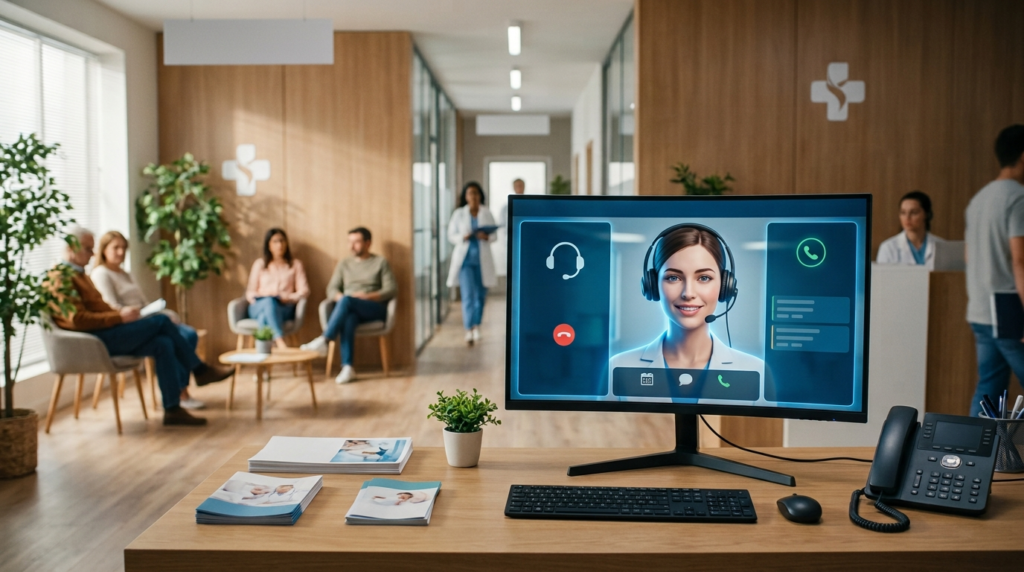 Pantalla en la recepción de una clínica médica que muestra la interfaz de una recepcionista virtual con inteligencia artificial atendiendo una llamada